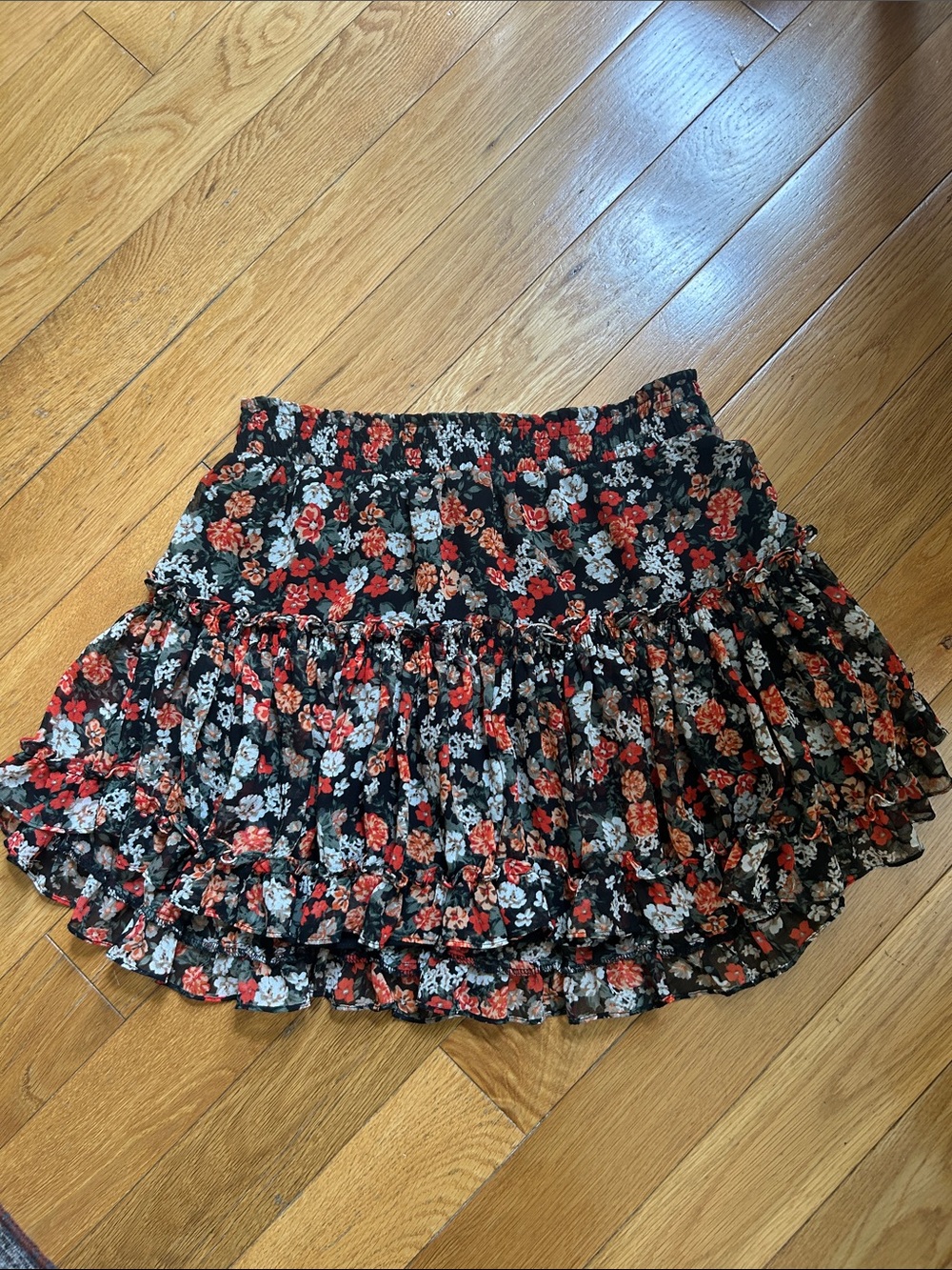 Misa Los Angeles Black Mini Skirt with Red & White Floral Print
